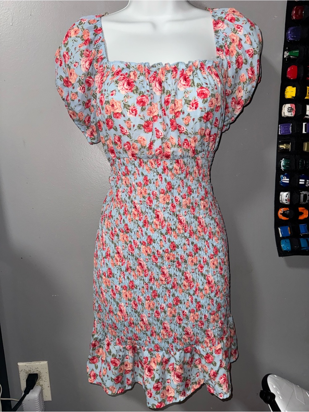 Almost Famous Light Blue Floral Smocked Midi Dress with Pink Roses